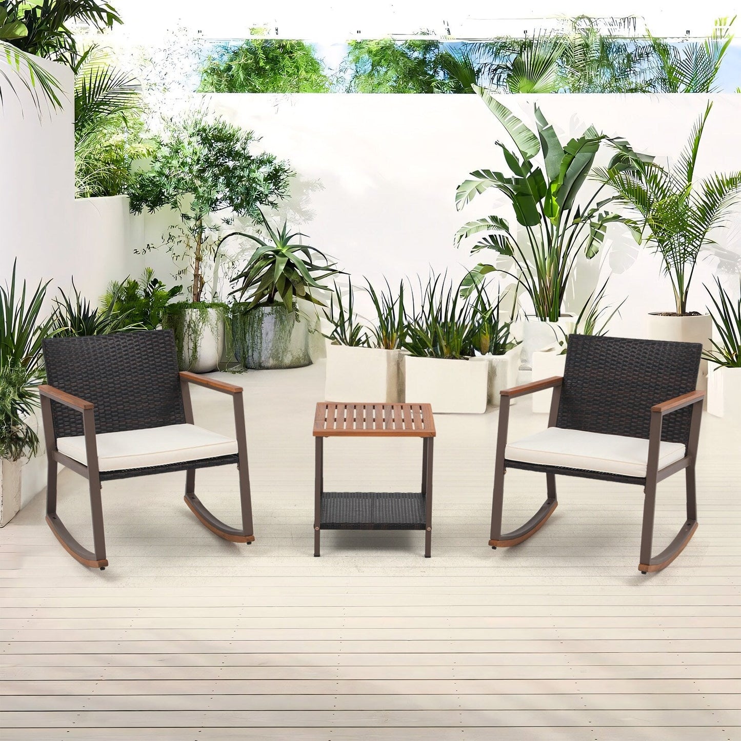 Ensemble de 3 chaises à bascule pour patio, bistro, balcon, conversation, avec table basse et coussins