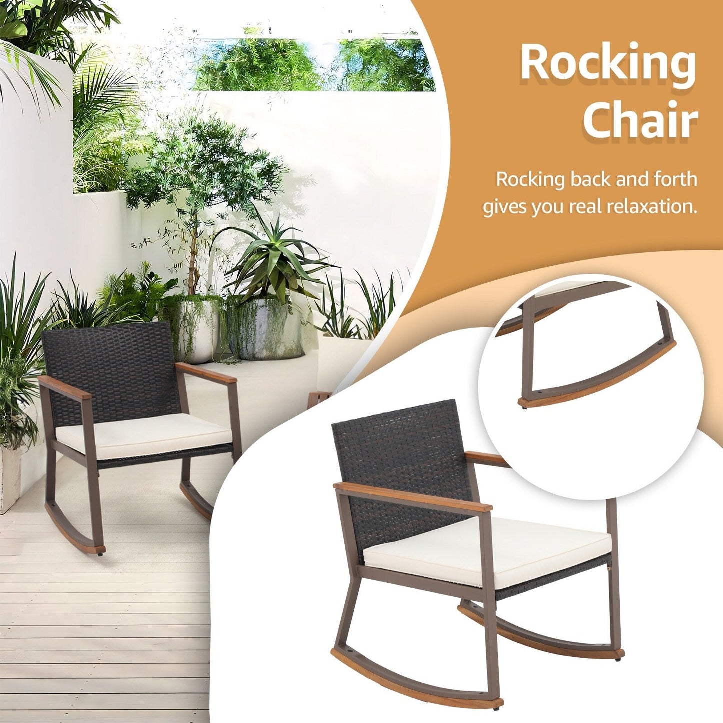 Ensemble de 3 chaises à bascule pour patio, bistro, balcon, conversation, avec table basse et coussins