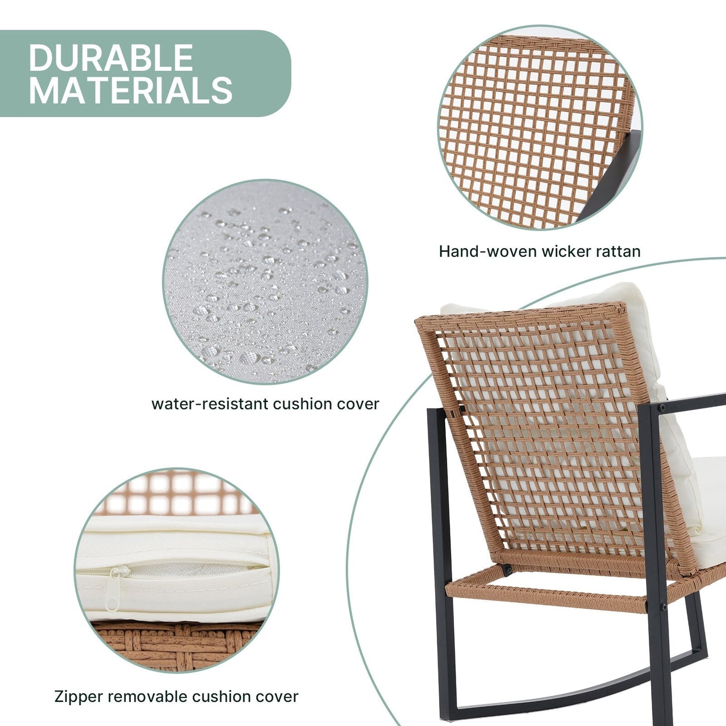 Ensemble de 3 chaises à bascule pour patio, bistro, balcon, conversation, avec table basse et coussins
