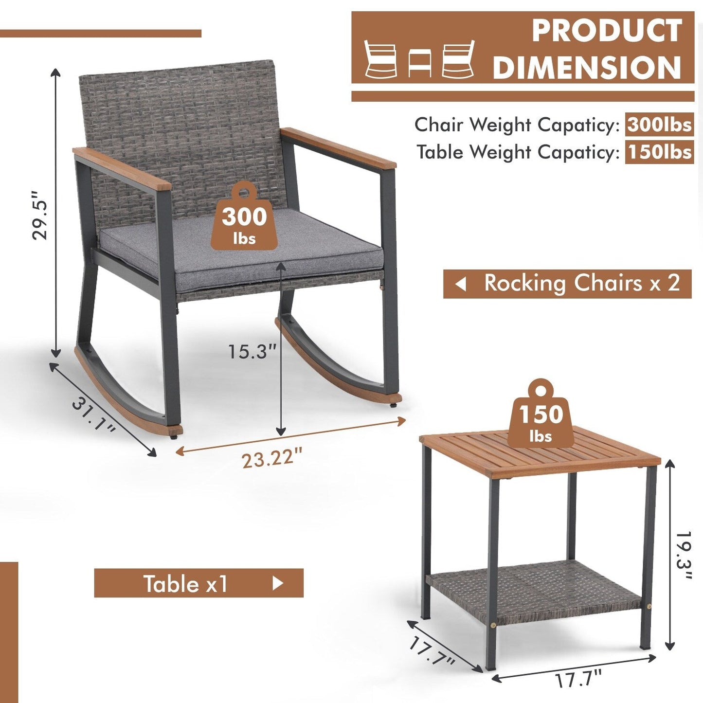 Ensemble de 3 chaises à bascule pour patio, bistro, balcon, conversation, avec table basse et coussins