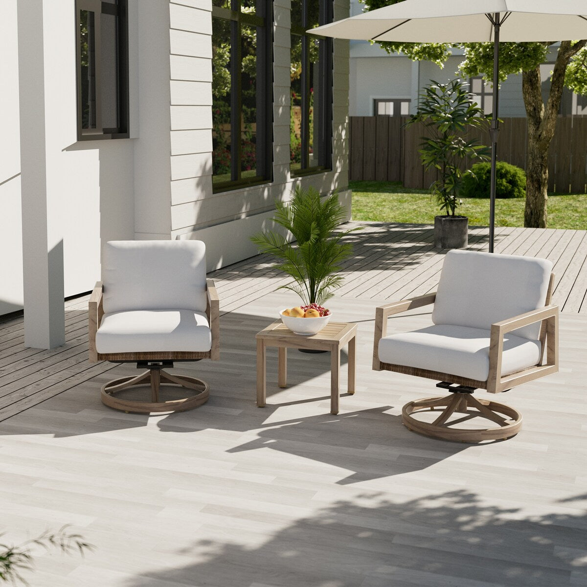 Ensemble de salon de jardin 3 pièces en aluminium effet bois avec chaises pivotantes, dossier et coussins en rotin