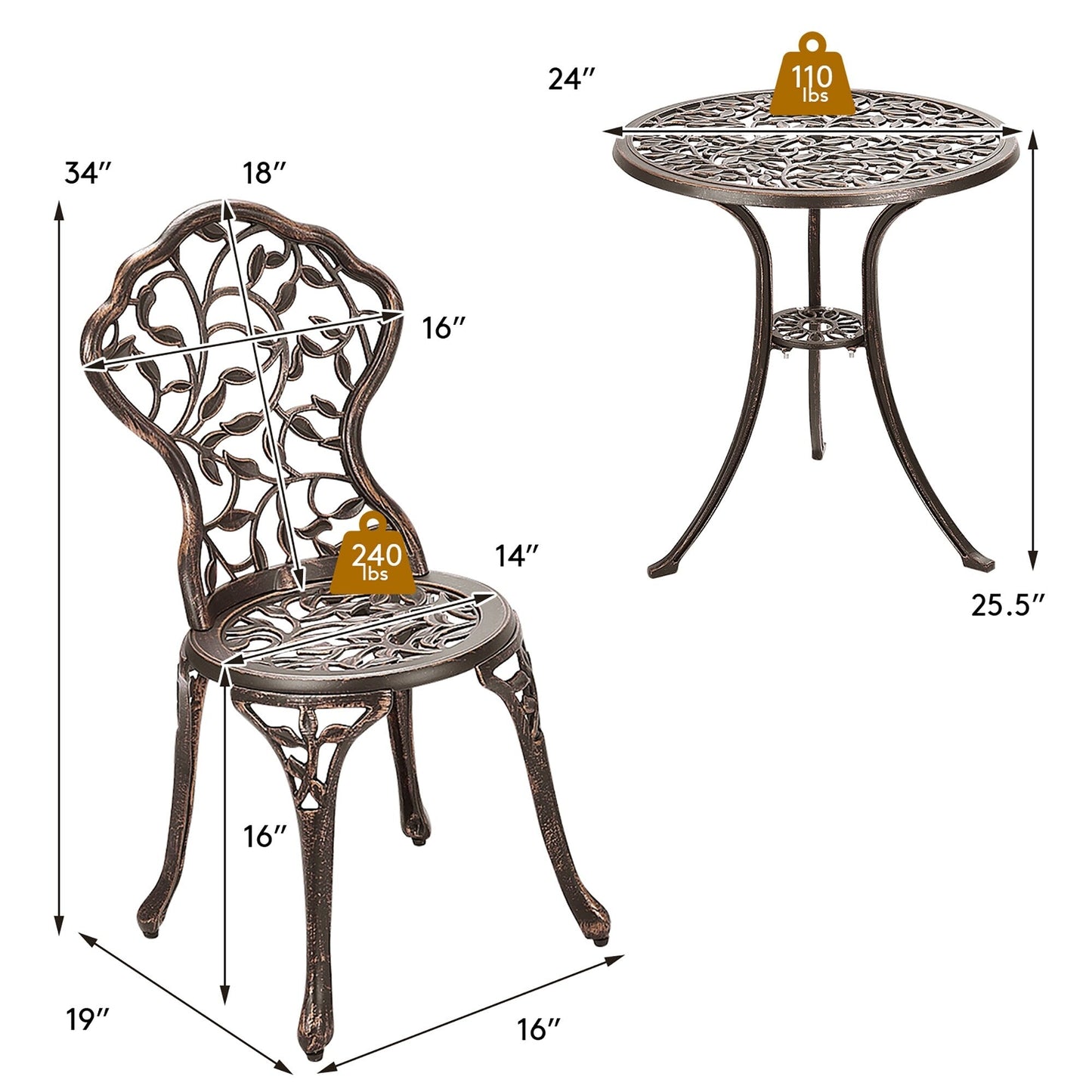 Ensemble de bistrot d'extérieur 3 pièces, ensemble de meubles de patio, table et chaises
