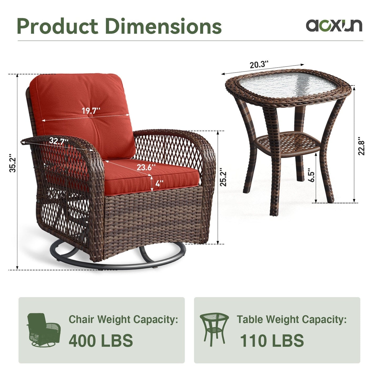 Ensemble de meubles de patio 3 pièces, ensemble de 2 chaises pivotantes à bascule