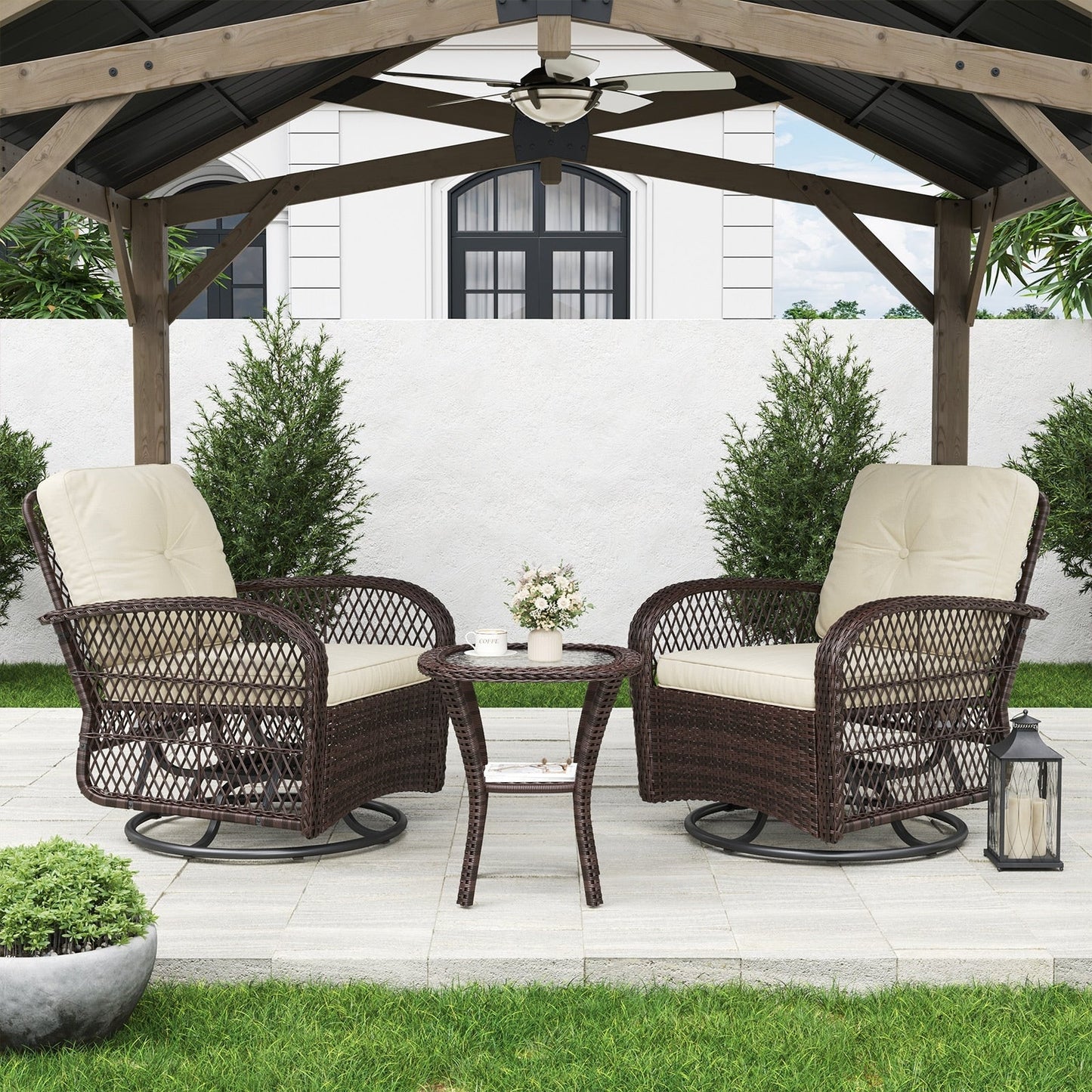 Ensemble de meubles de patio 3 pièces, ensemble de 2 chaises pivotantes à bascule