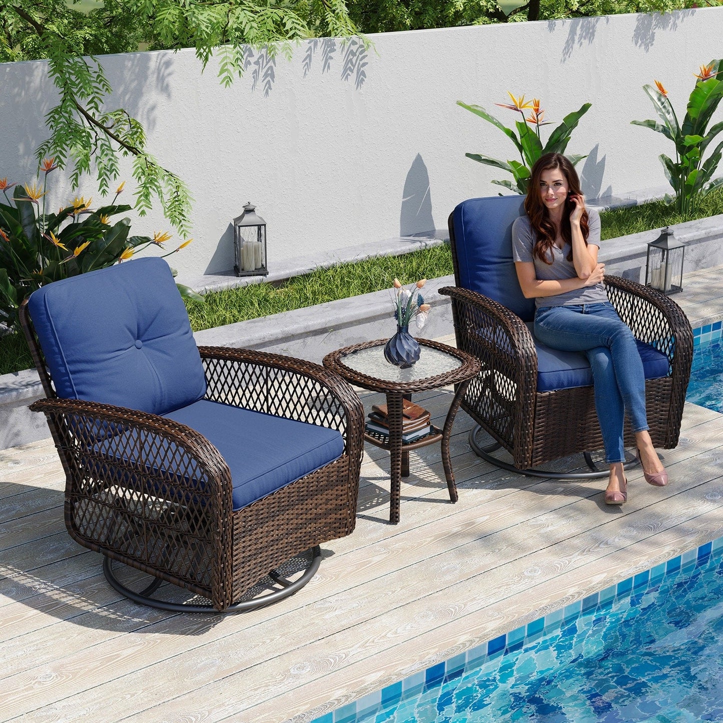Ensemble de meubles de patio 3 pièces, ensemble de 2 chaises pivotantes à bascule