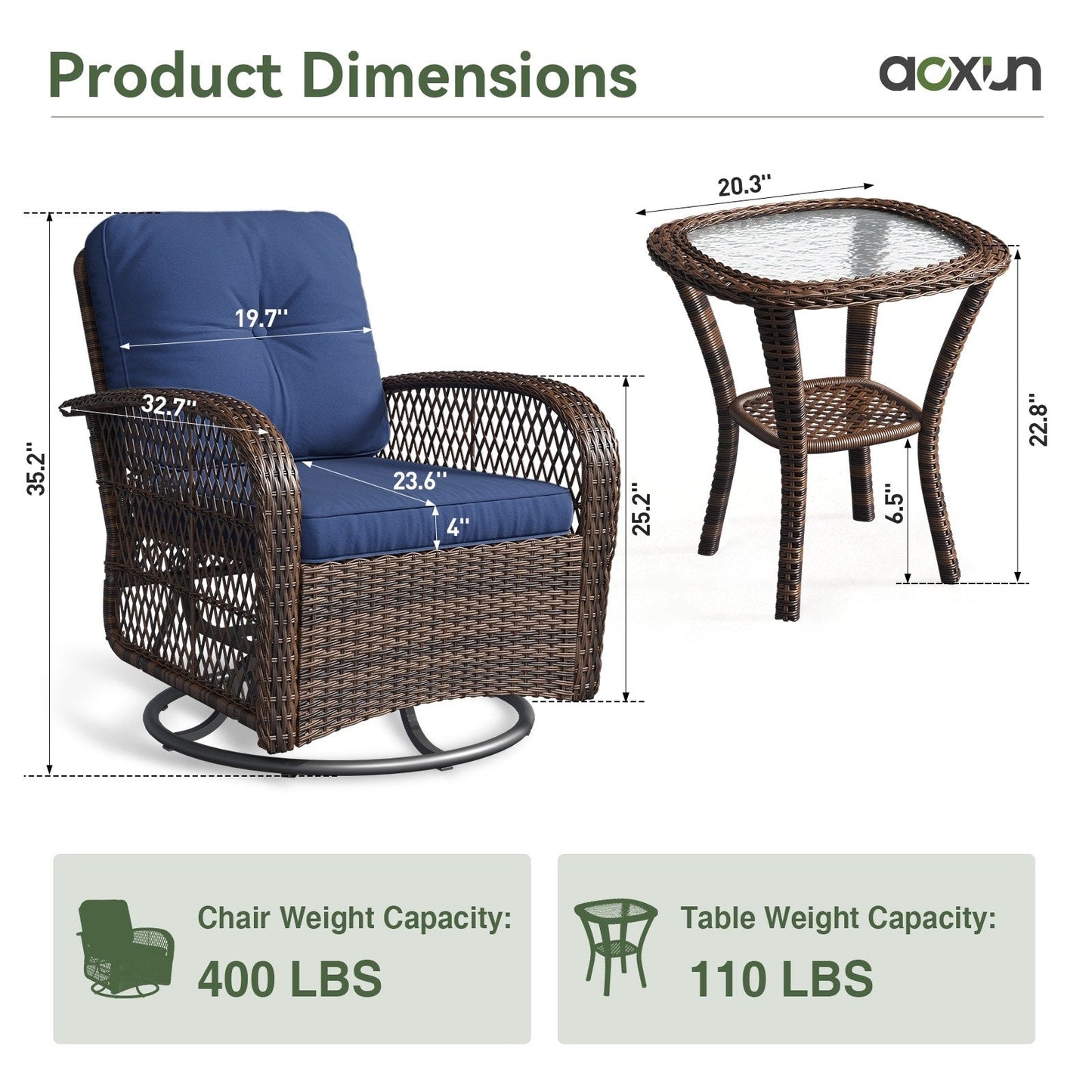 Ensemble de meubles de patio 3 pièces, ensemble de 2 chaises pivotantes à bascule
