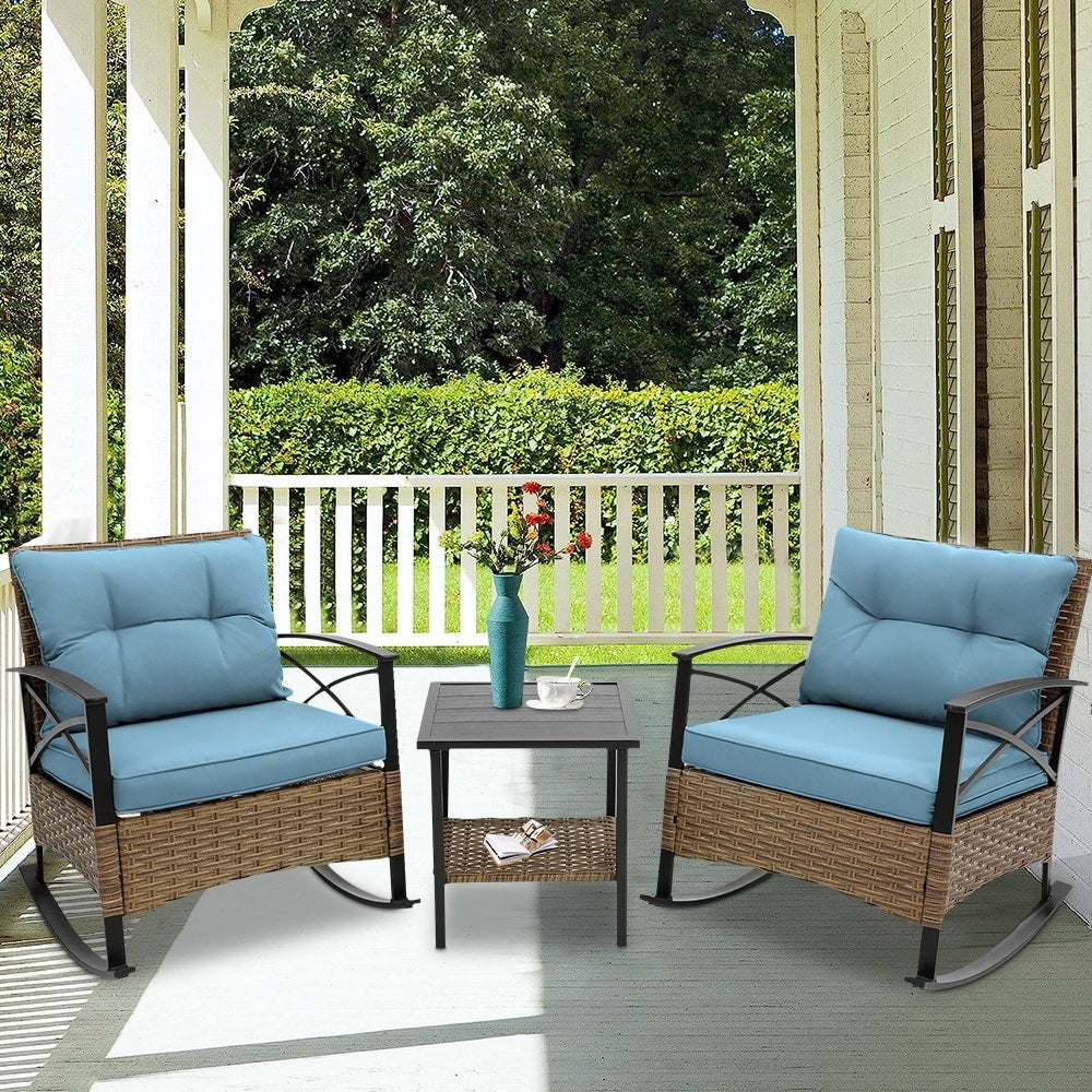 Ensemble de jardin 3 pièces en rotin à bascule avec coussins : 1 table et 2 chaises à bascule