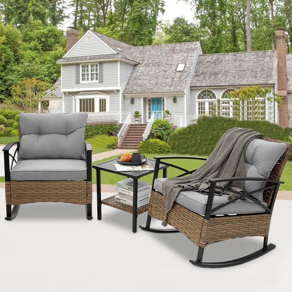 Ensemble de jardin 3 pièces en rotin à bascule avec coussins : 1 table et 2 chaises à bascule