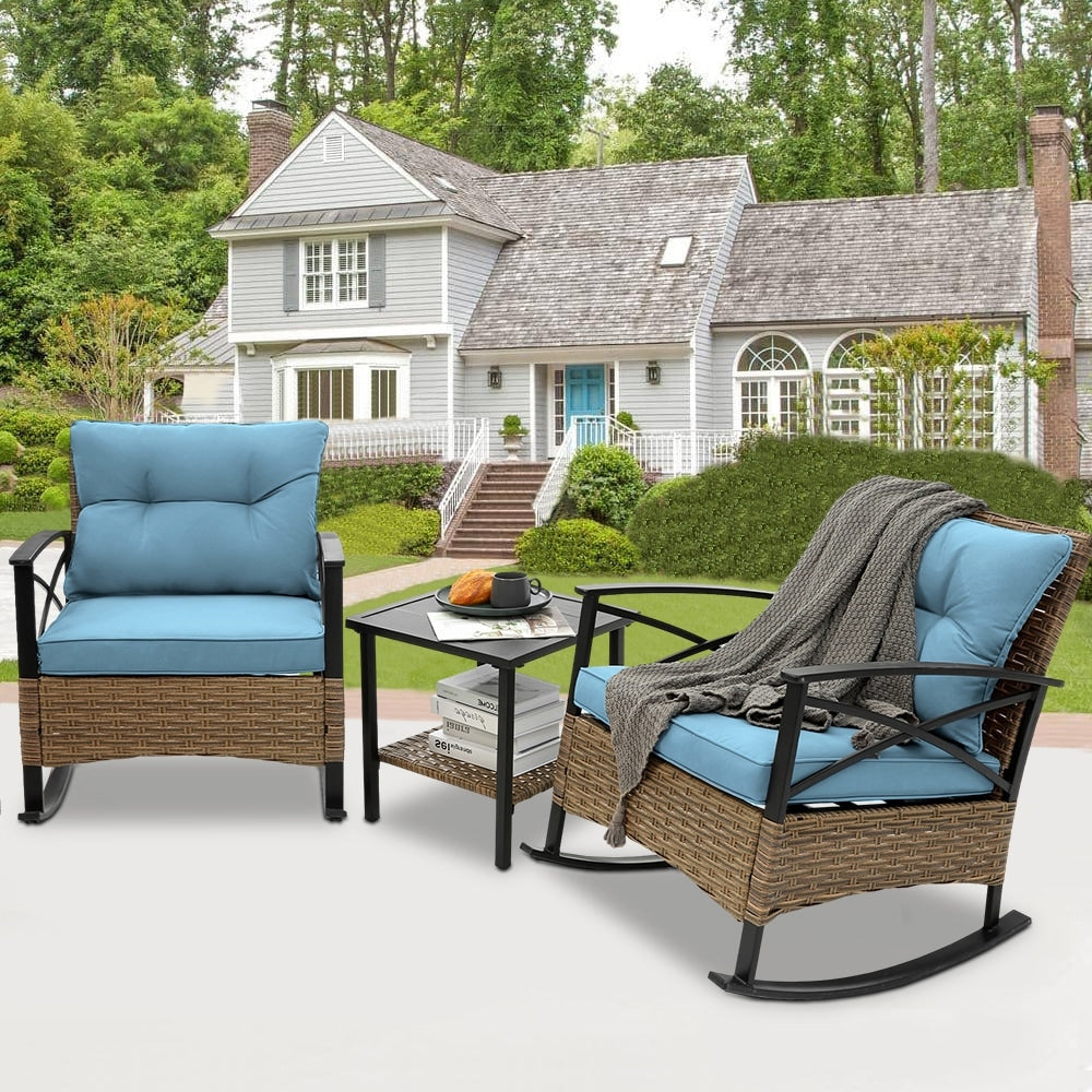 Ensemble de jardin 3 pièces en rotin à bascule avec coussins : 1 table et 2 chaises à bascule