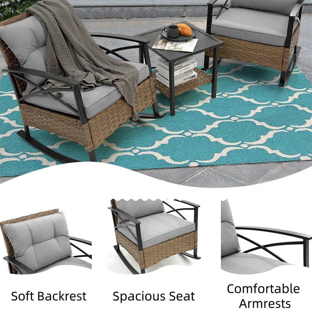 Ensemble de jardin 3 pièces en rotin à bascule avec coussins : 1 table et 2 chaises à bascule