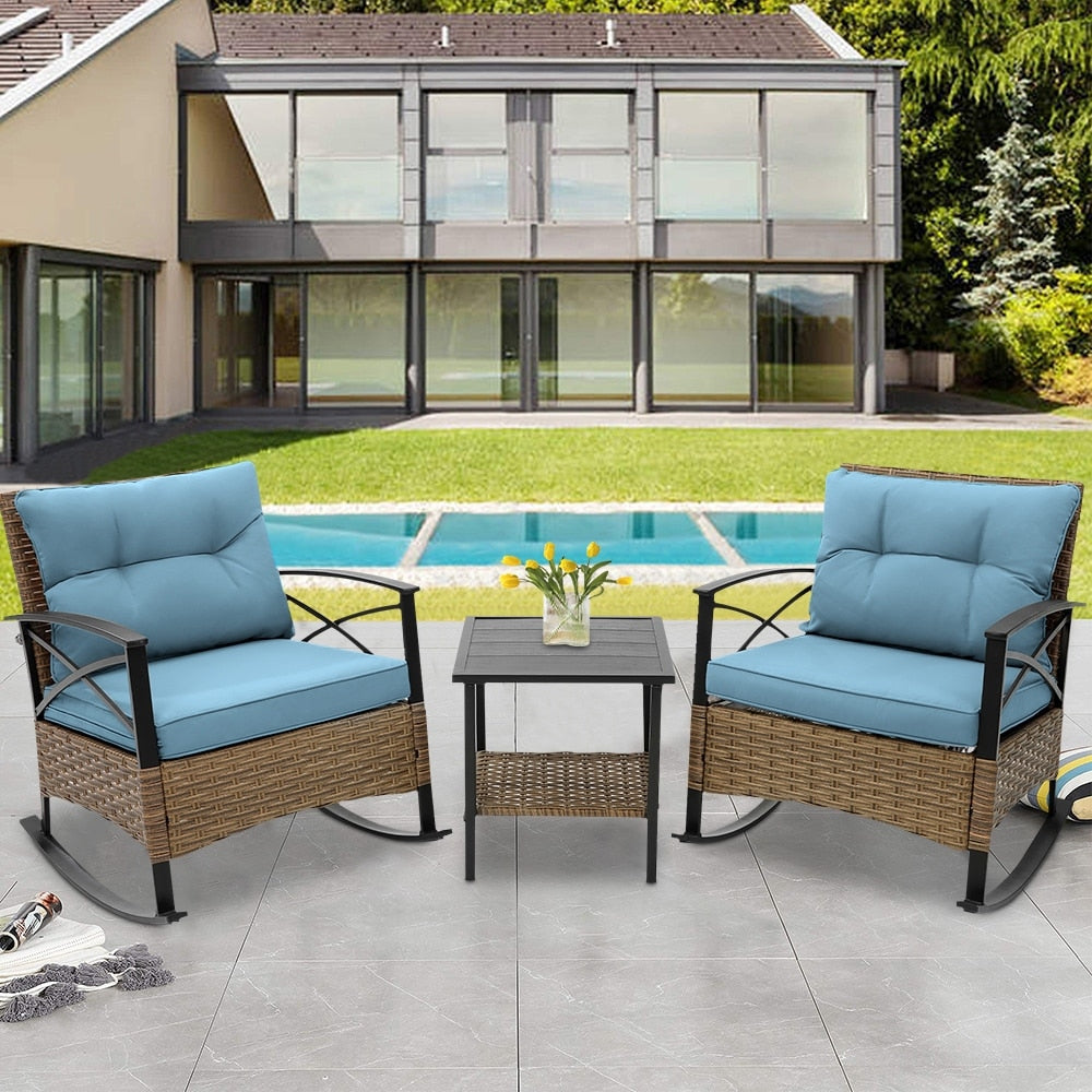 Ensemble de jardin 3 pièces en rotin à bascule avec coussins : 1 table et 2 chaises à bascule