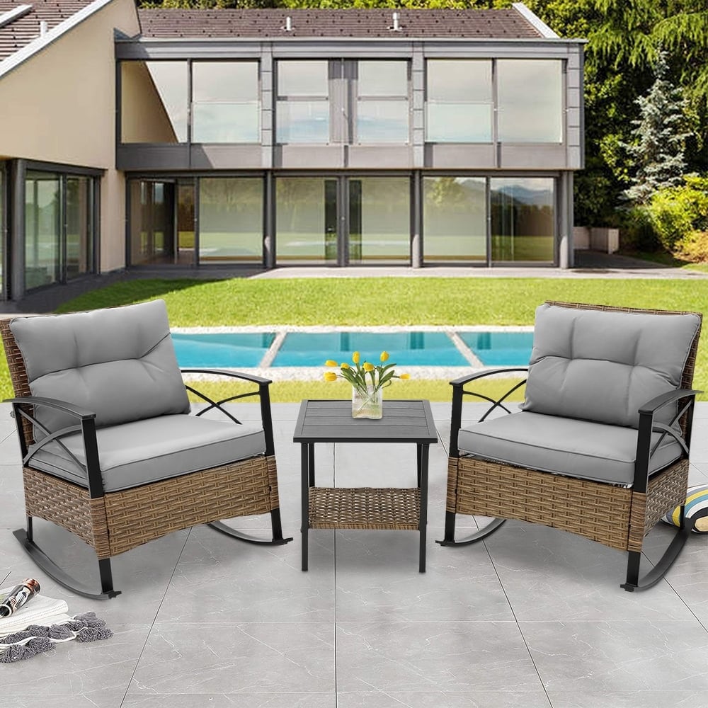 Ensemble de jardin 3 pièces en rotin à bascule avec coussins : 1 table et 2 chaises à bascule
