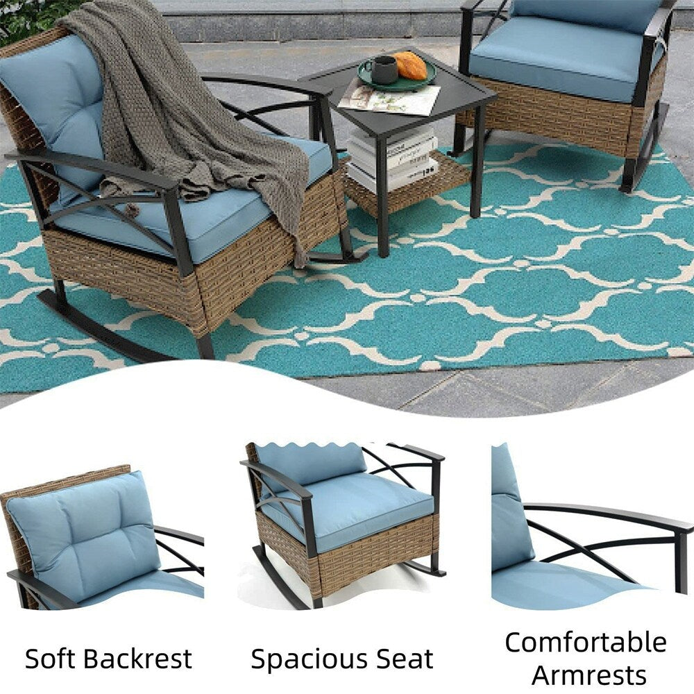 Ensemble de jardin 3 pièces en rotin à bascule avec coussins : 1 table et 2 chaises à bascule