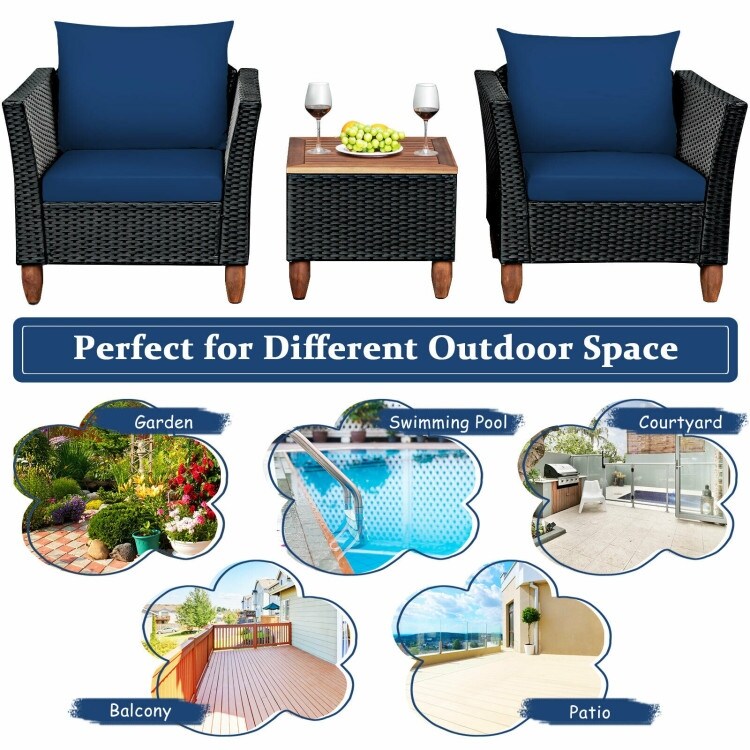 Ensemble de meubles de patio en osier 3 pièces avec coussin - 28,5 x 27,5 x 27 (L x l x H)