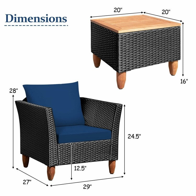 Ensemble de meubles de patio en osier 3 pièces avec coussin - 28,5 x 27,5 x 27 (L x l x H)