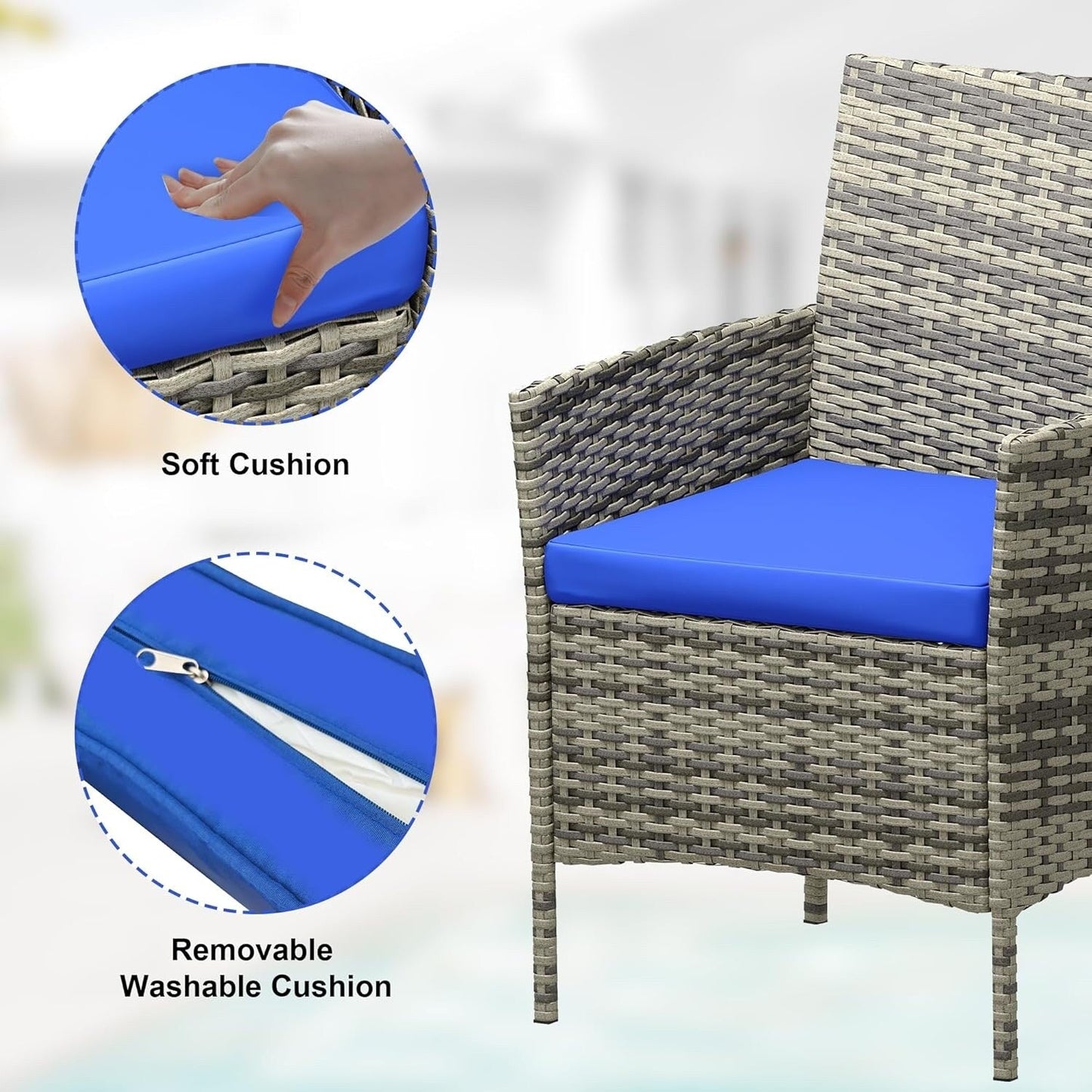 Ensemble de 3 chaises en rotin et osier avec table basse en verre