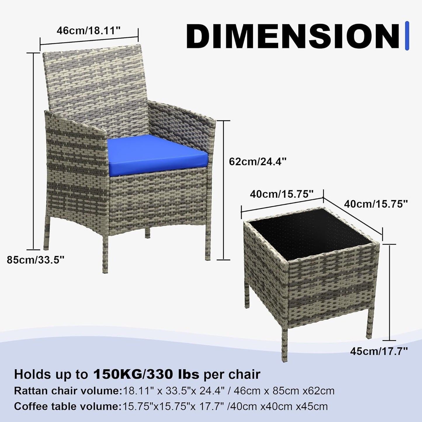 Ensemble de 3 chaises en rotin et osier avec table basse en verre