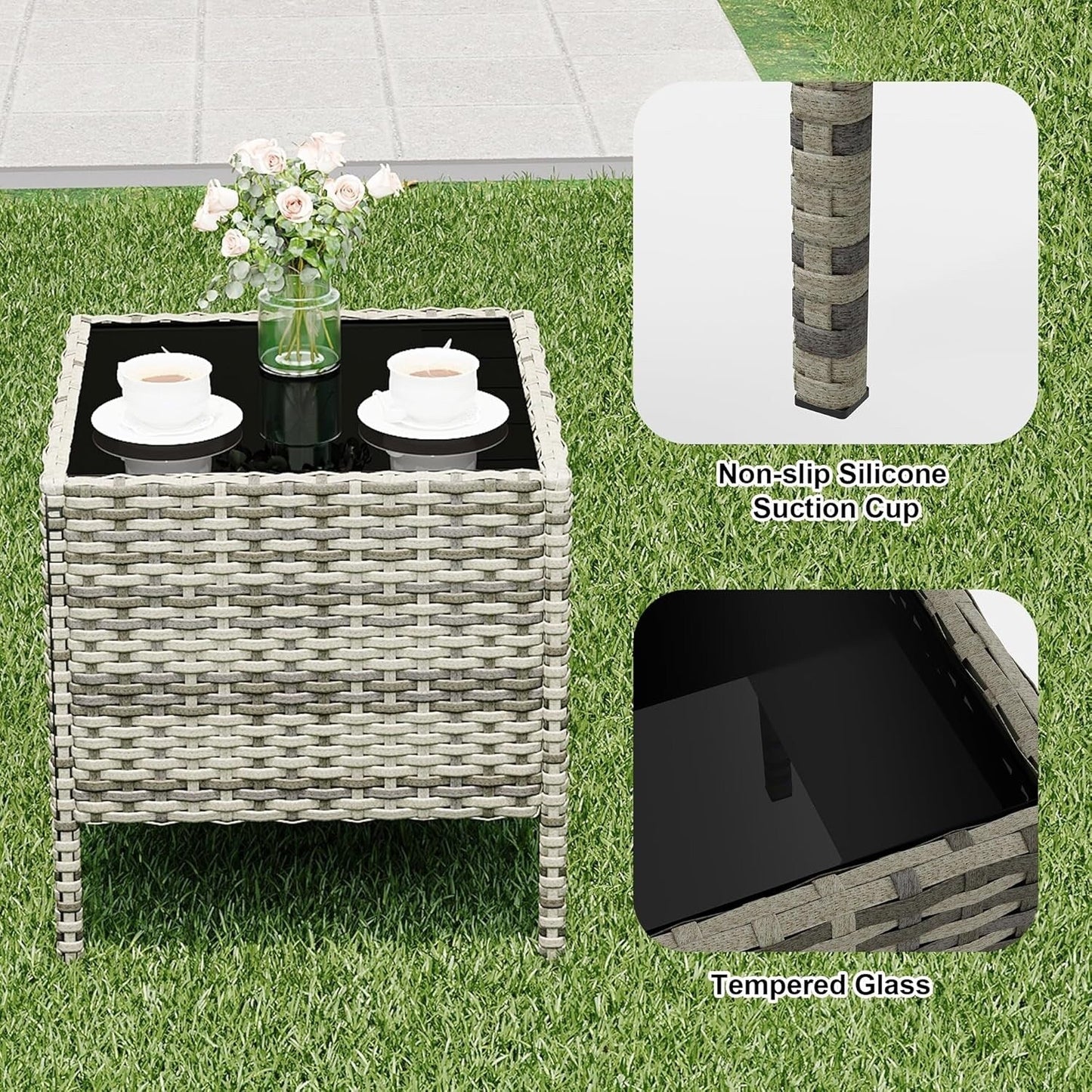 Ensemble de 3 chaises en rotin et osier avec table basse en verre