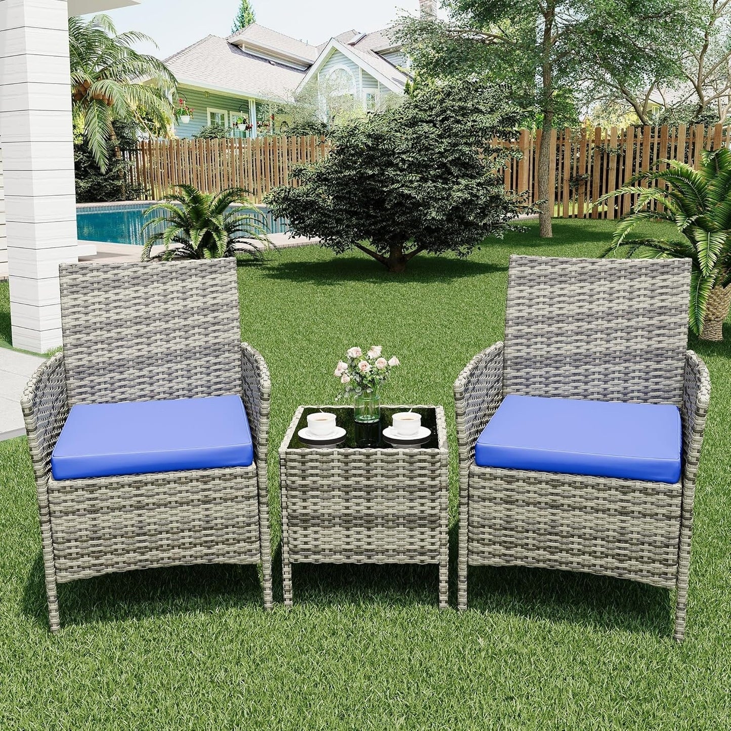 Ensemble de 3 chaises en rotin et osier avec table basse en verre