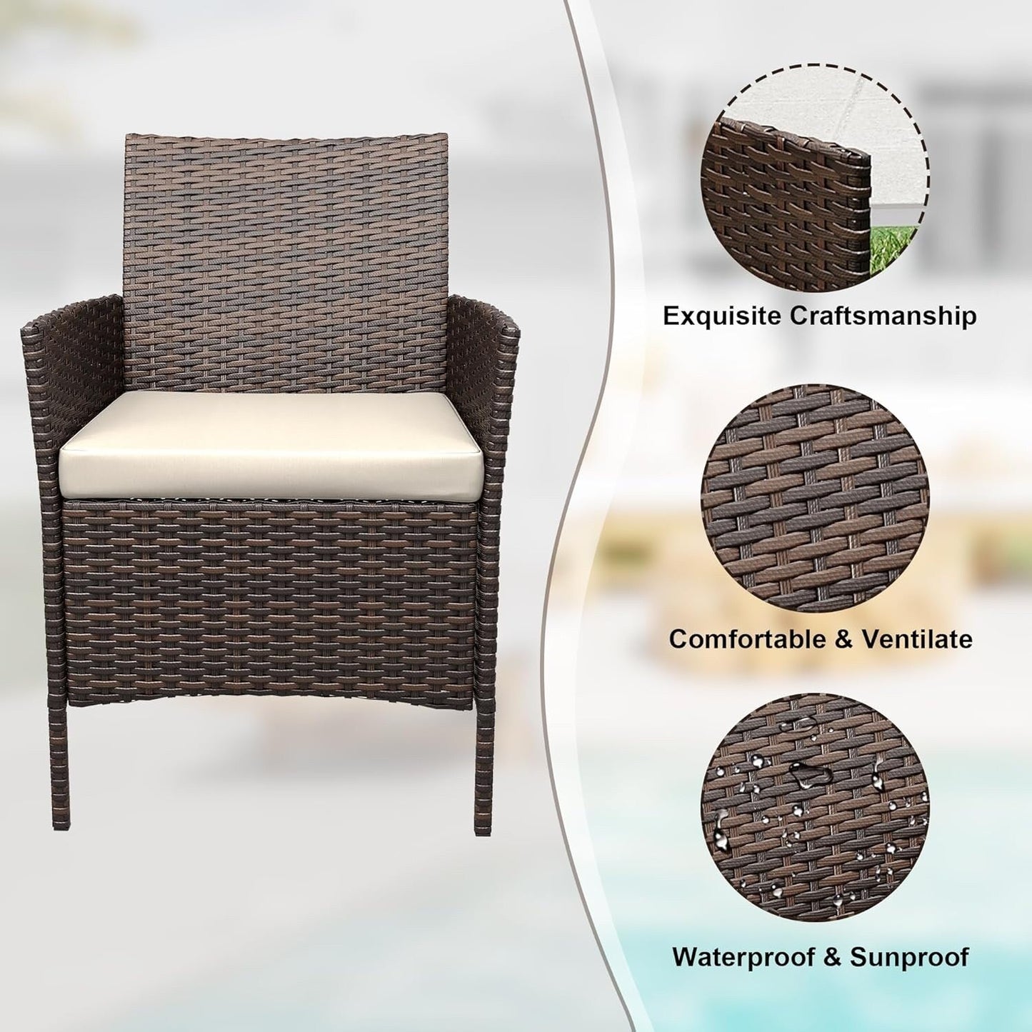 Ensemble de 3 chaises en rotin et osier avec table basse en verre