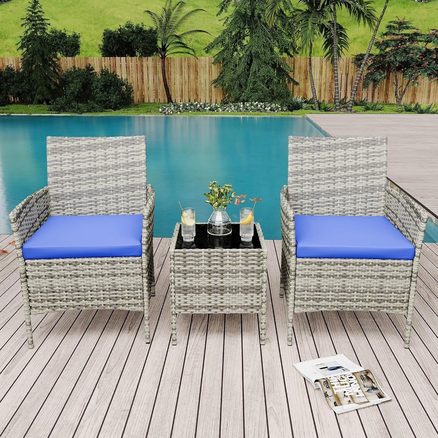 Ensemble de 3 chaises en rotin et osier avec table basse en verre
