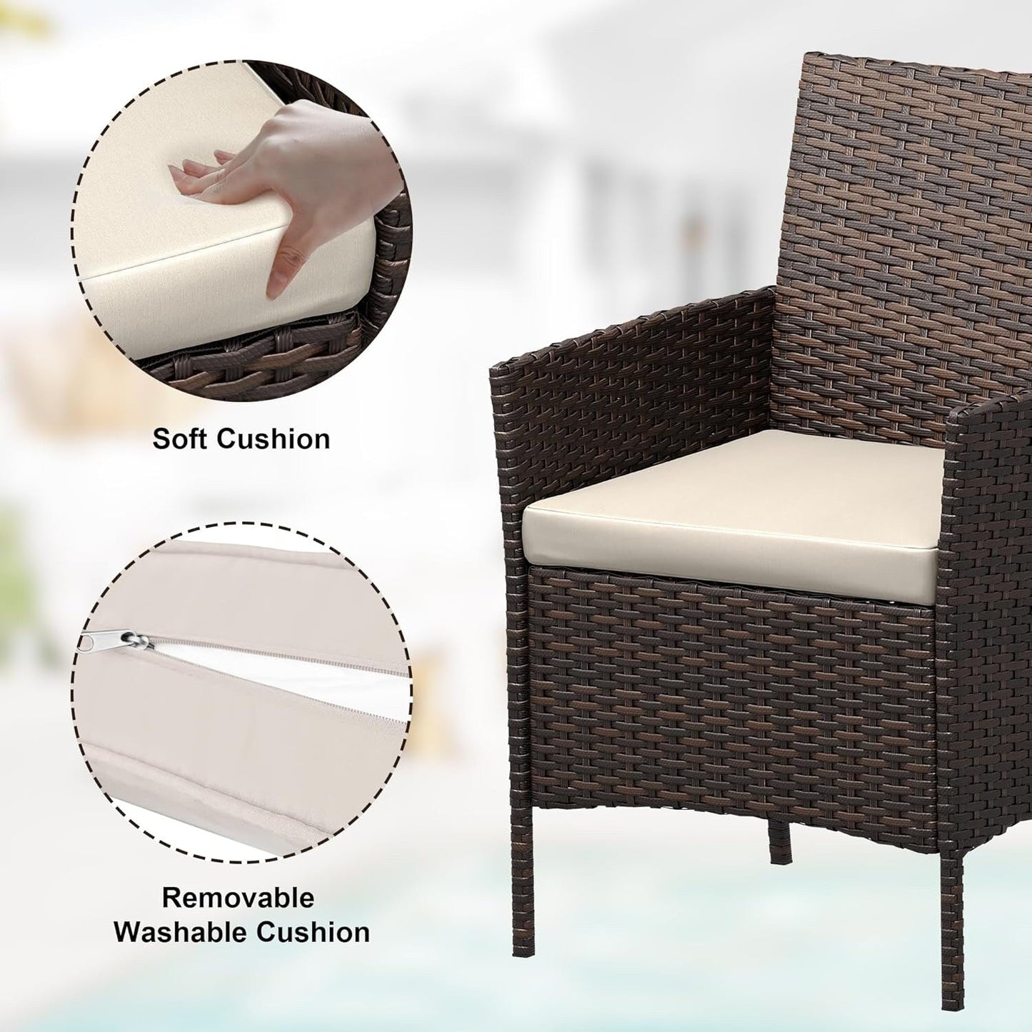 Ensemble de 3 chaises en rotin et osier avec table basse en verre