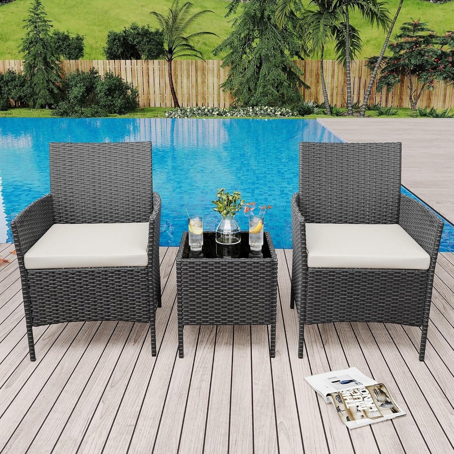 Ensemble de 3 chaises en rotin et osier avec table basse en verre