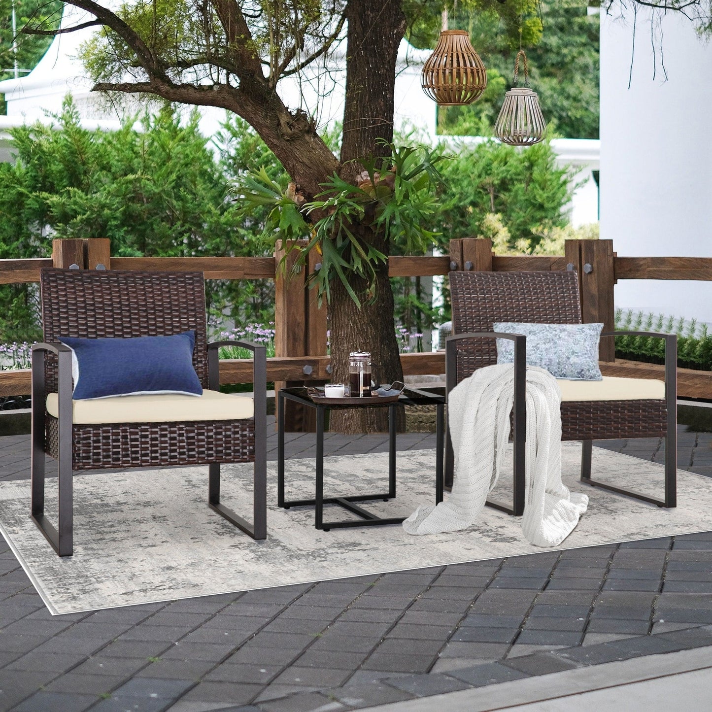 Ensemble de 3 chaises de jardin en osier avec coussins