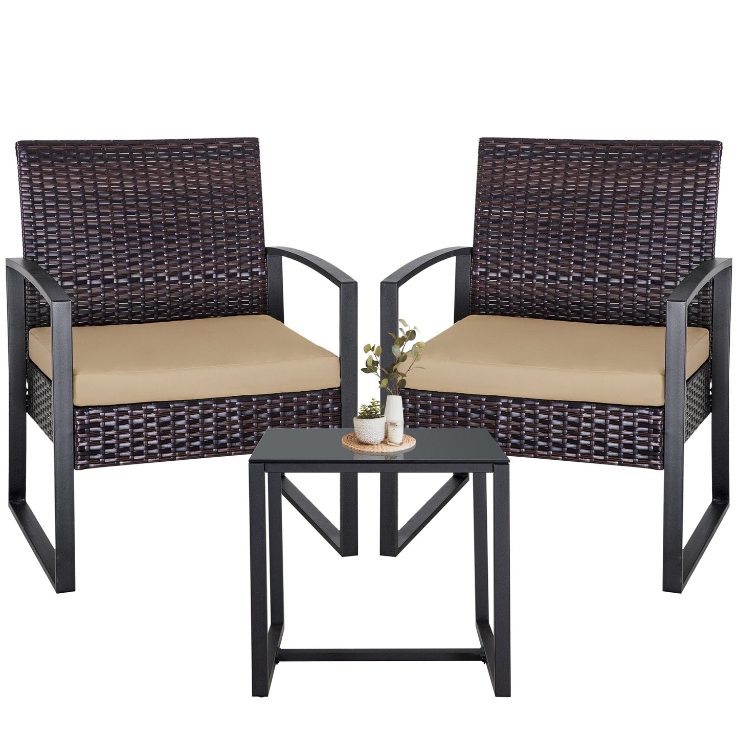 Ensemble de 3 chaises de jardin en osier avec coussins