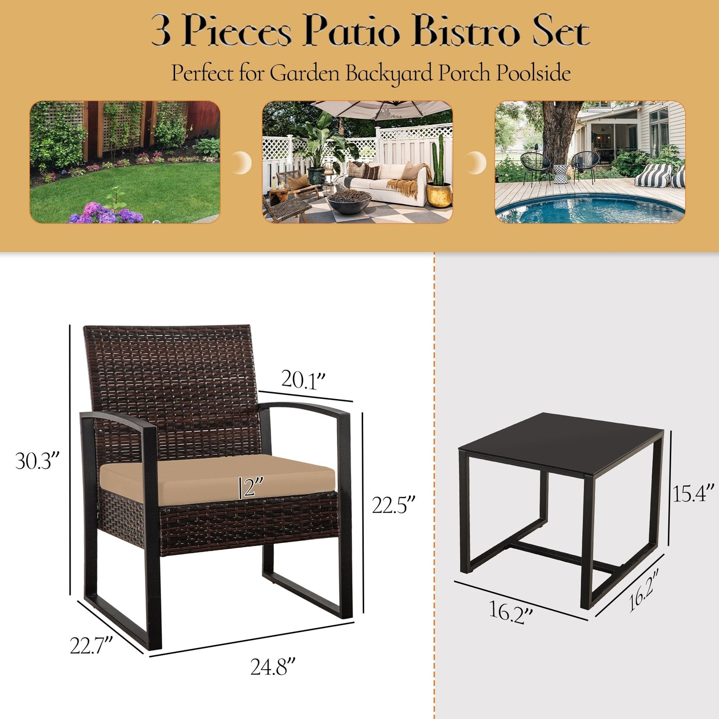 Ensemble de 3 chaises de jardin en osier avec coussins