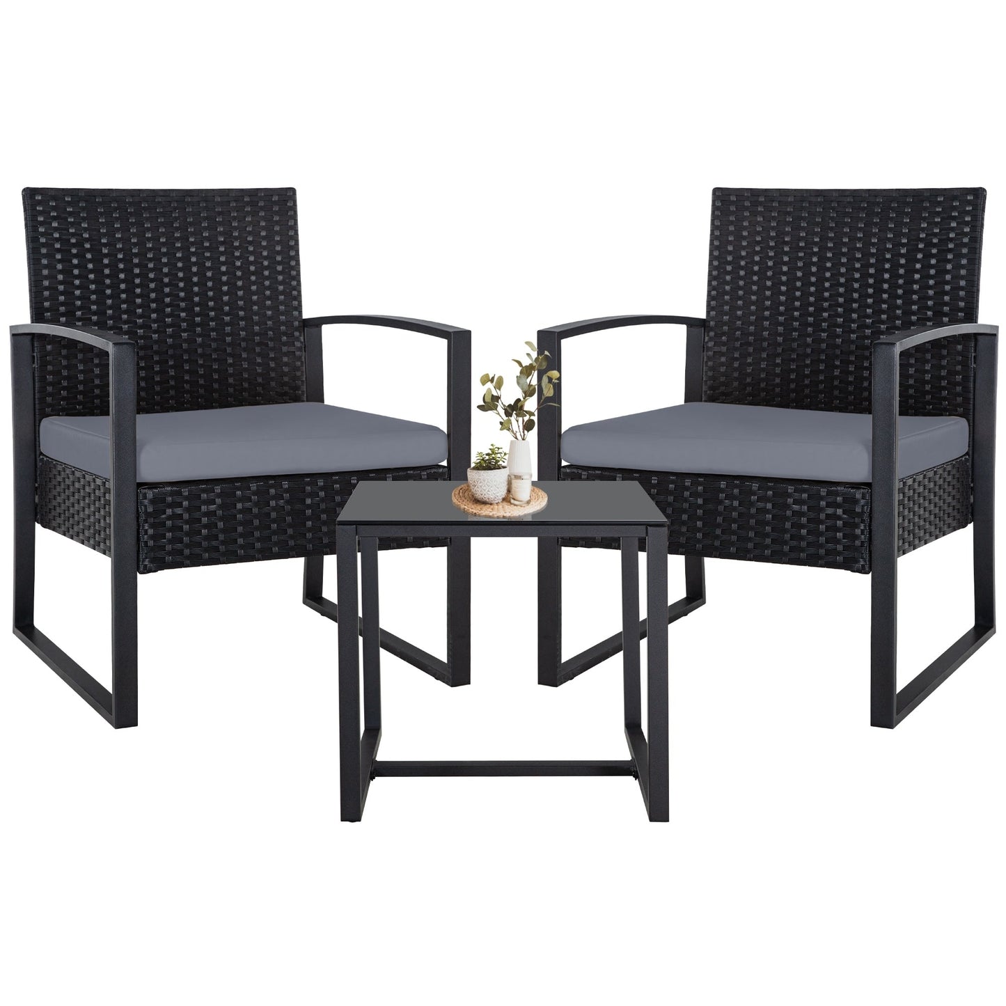 Ensemble de 3 chaises de jardin en osier avec coussins