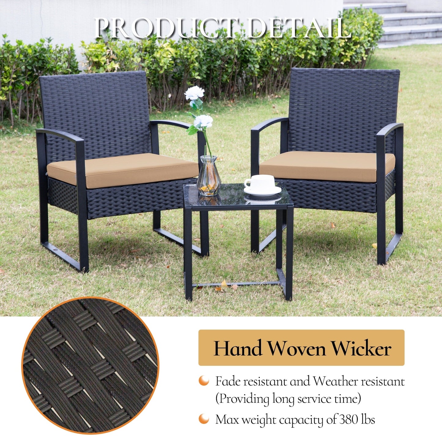 Ensemble de 3 chaises de jardin en osier avec coussins