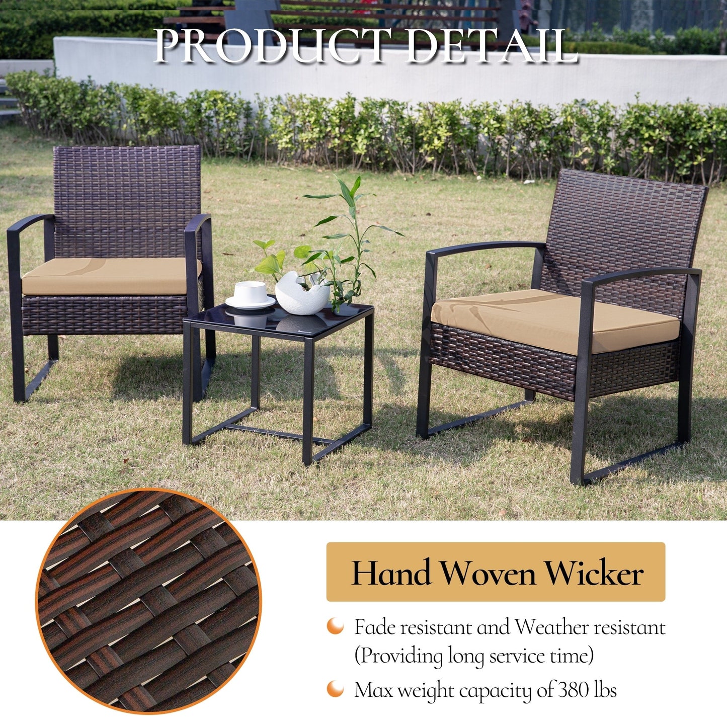 Ensemble de 3 chaises de jardin en osier avec coussins