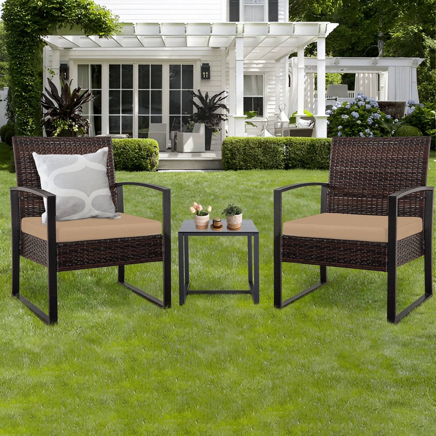 Ensemble de 3 chaises de jardin en osier avec coussins