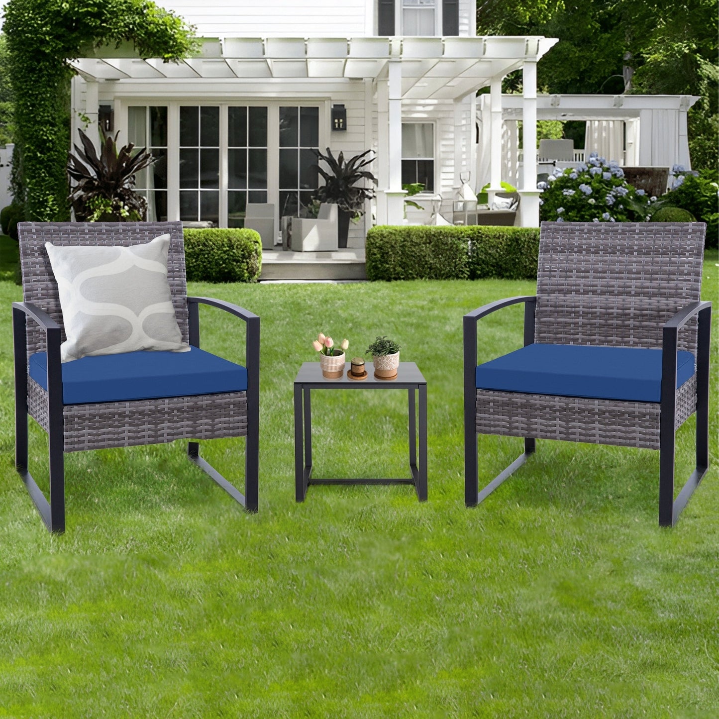 Ensemble de 3 chaises de jardin en osier avec coussins