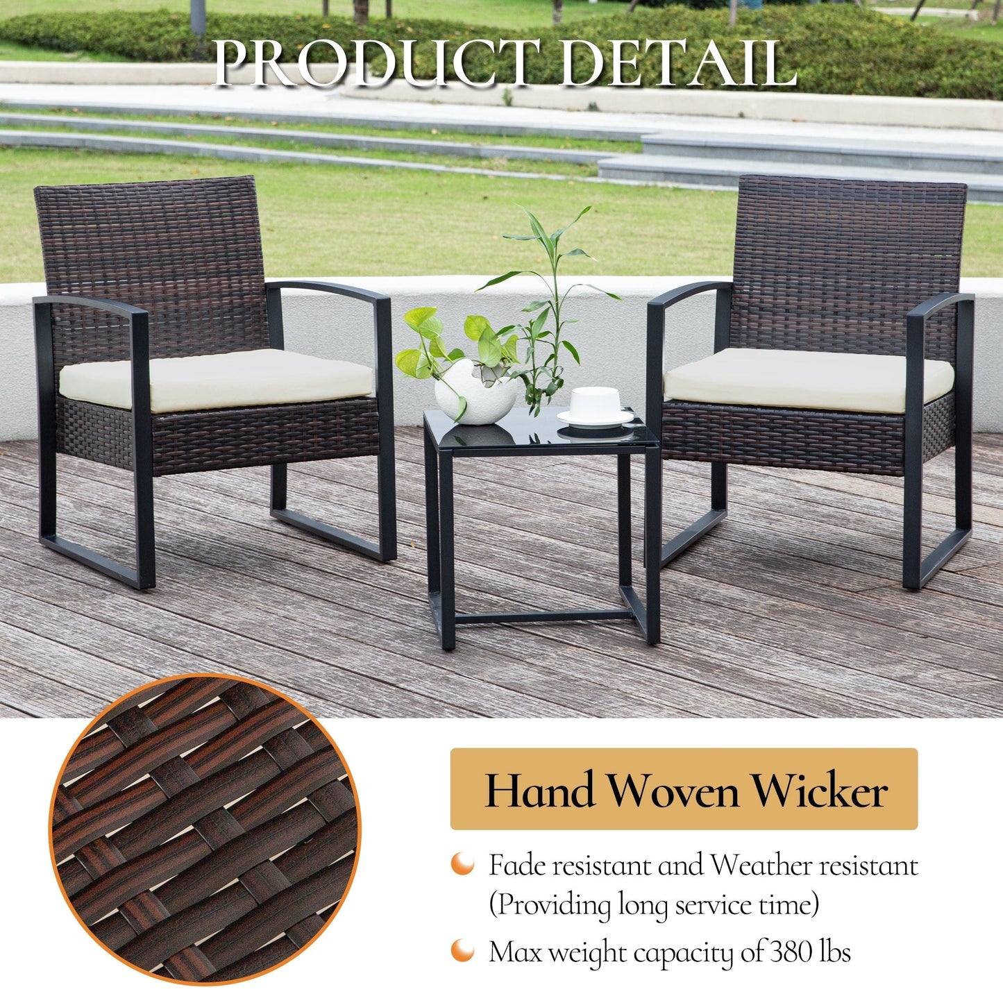 Ensemble de 3 chaises de jardin en osier avec coussins