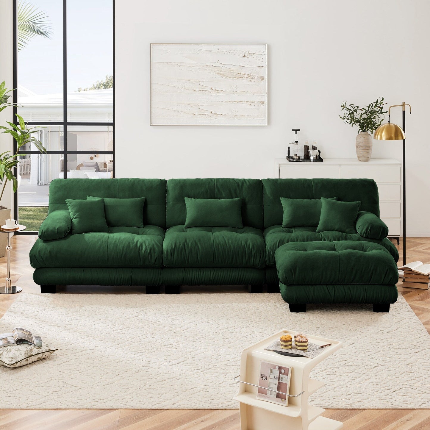 Canapé sectionnel modulaire 3 places, canapé à assise profonde, canapé nuage en forme de L avec pouf convertible pour le salon