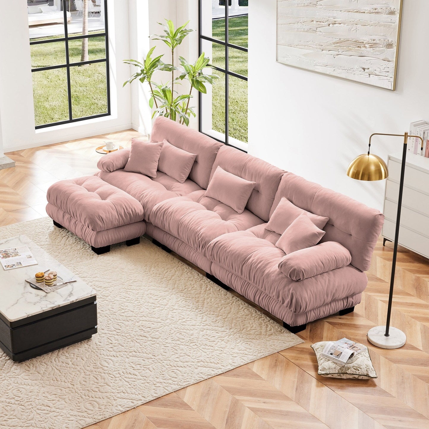 Canapé sectionnel modulaire 3 places, canapé à assise profonde, canapé nuage en forme de L avec pouf convertible pour le salon