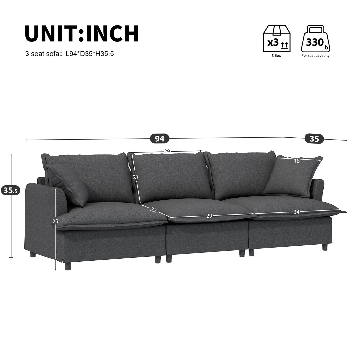 Module de canapé 3 places pour canapé sectionnel modulaire, assise large, canapé nuage en chenille avec coussins décoratifs