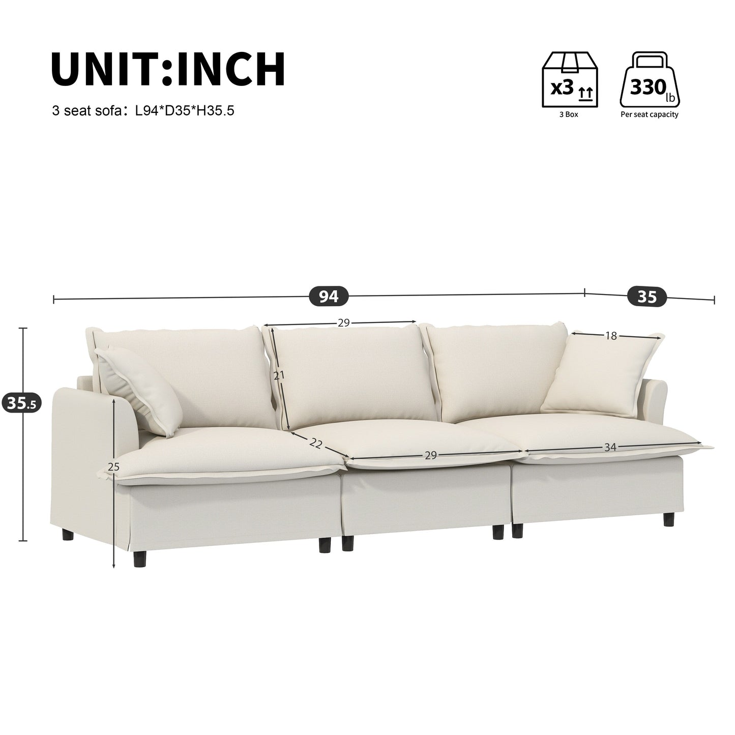 Module de canapé 3 places pour canapé sectionnel modulaire, assise large, canapé nuage en chenille avec coussins décoratifs