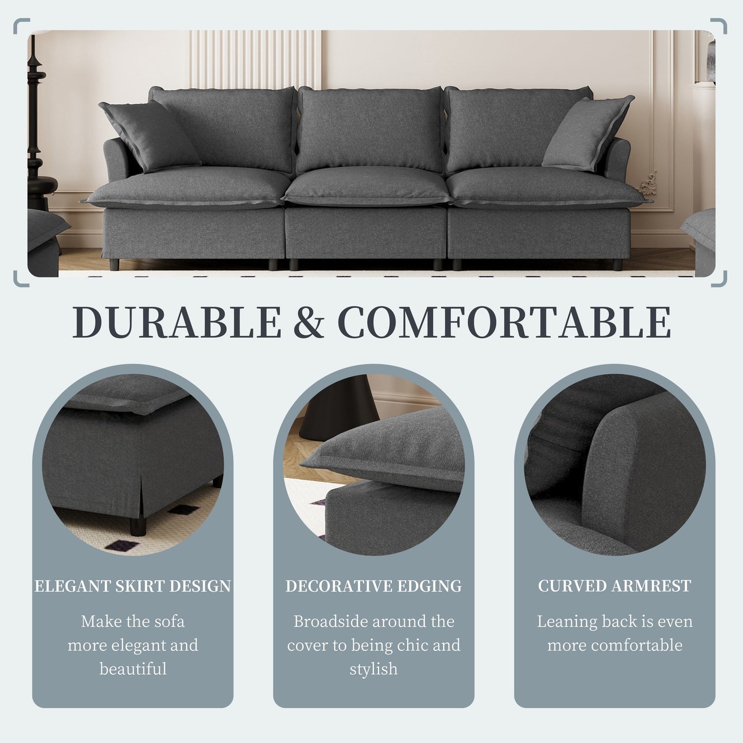 Module de canapé 3 places pour canapé sectionnel modulaire, assise large, canapé nuage en chenille avec coussins décoratifs