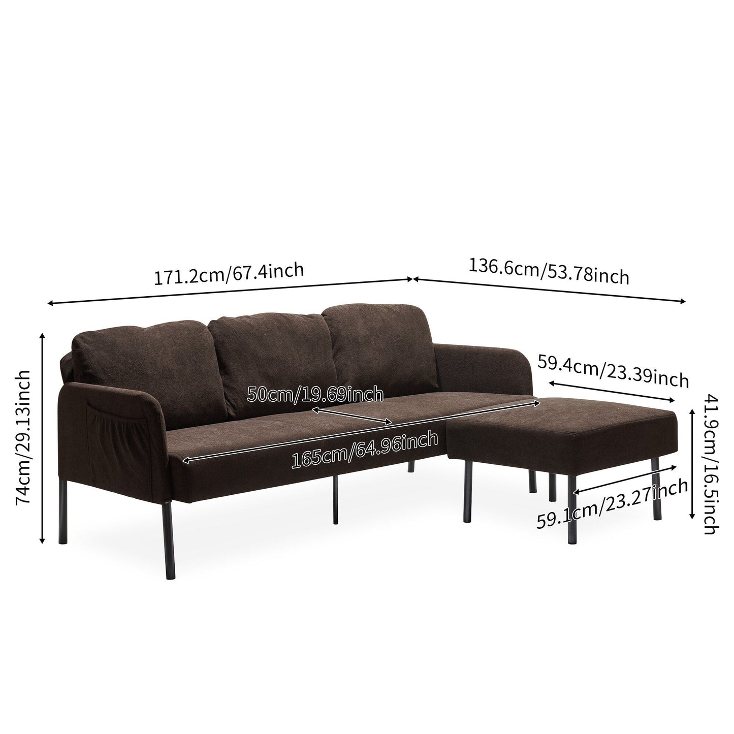 Canapé 3 places en tissu polyester en forme de L avec pouf, canapé rembourré moderne, petit canapé confortable pour petit espace