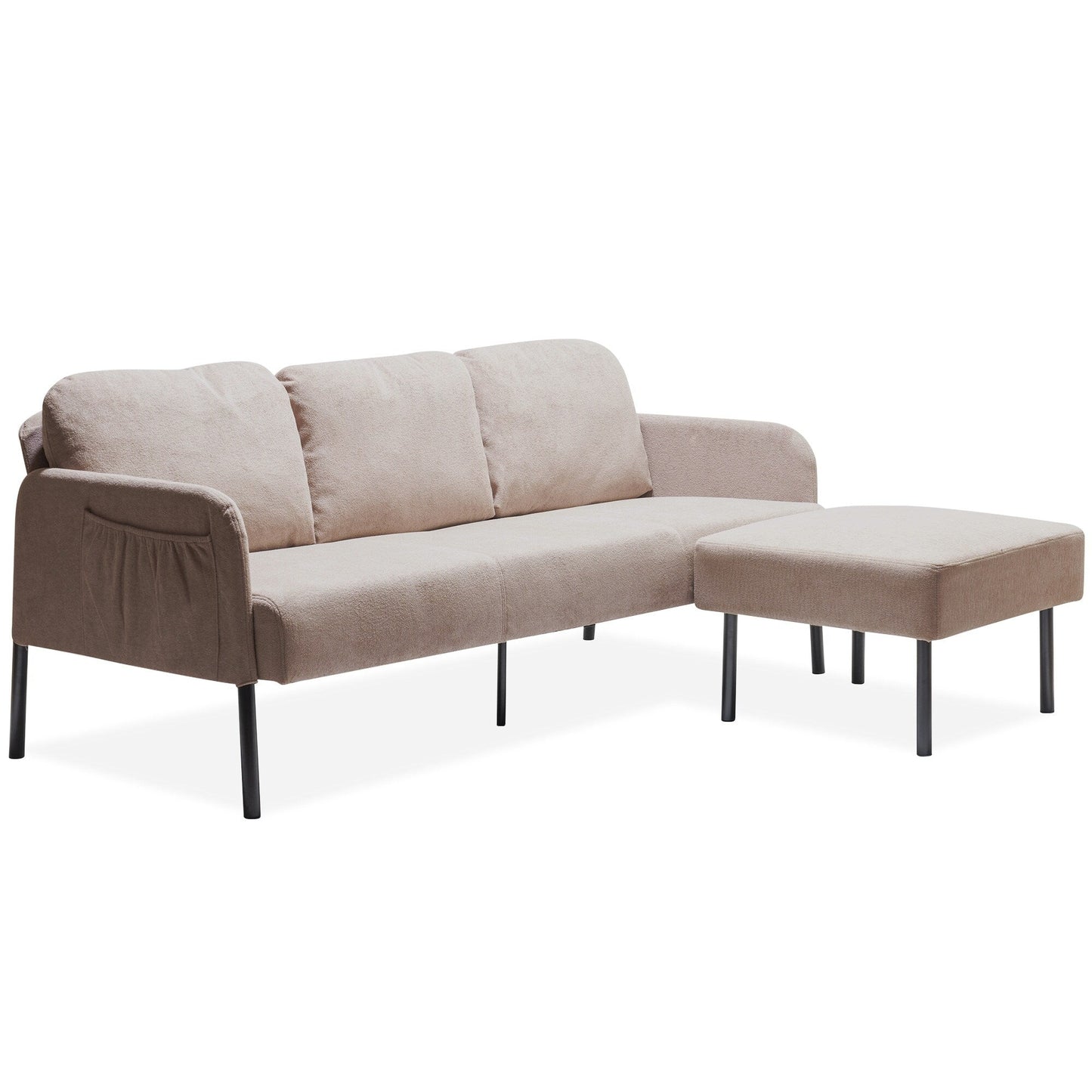 Canapé 3 places en tissu polyester en forme de L avec pouf, canapé rembourré moderne, petit canapé confortable pour petit espace