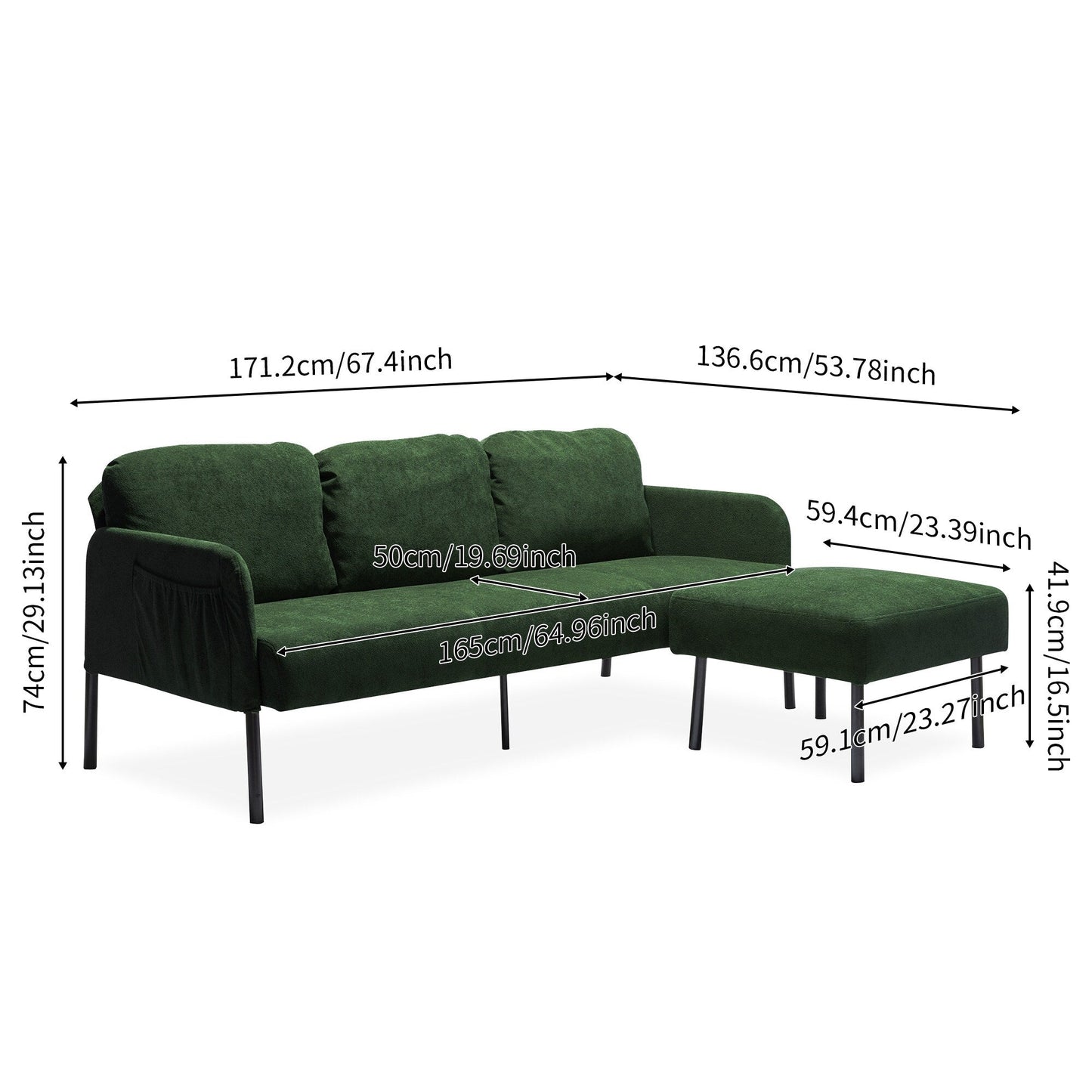 Canapé 3 places en tissu polyester en forme de L avec pouf, canapé rembourré moderne, petit canapé confortable pour petit espace
