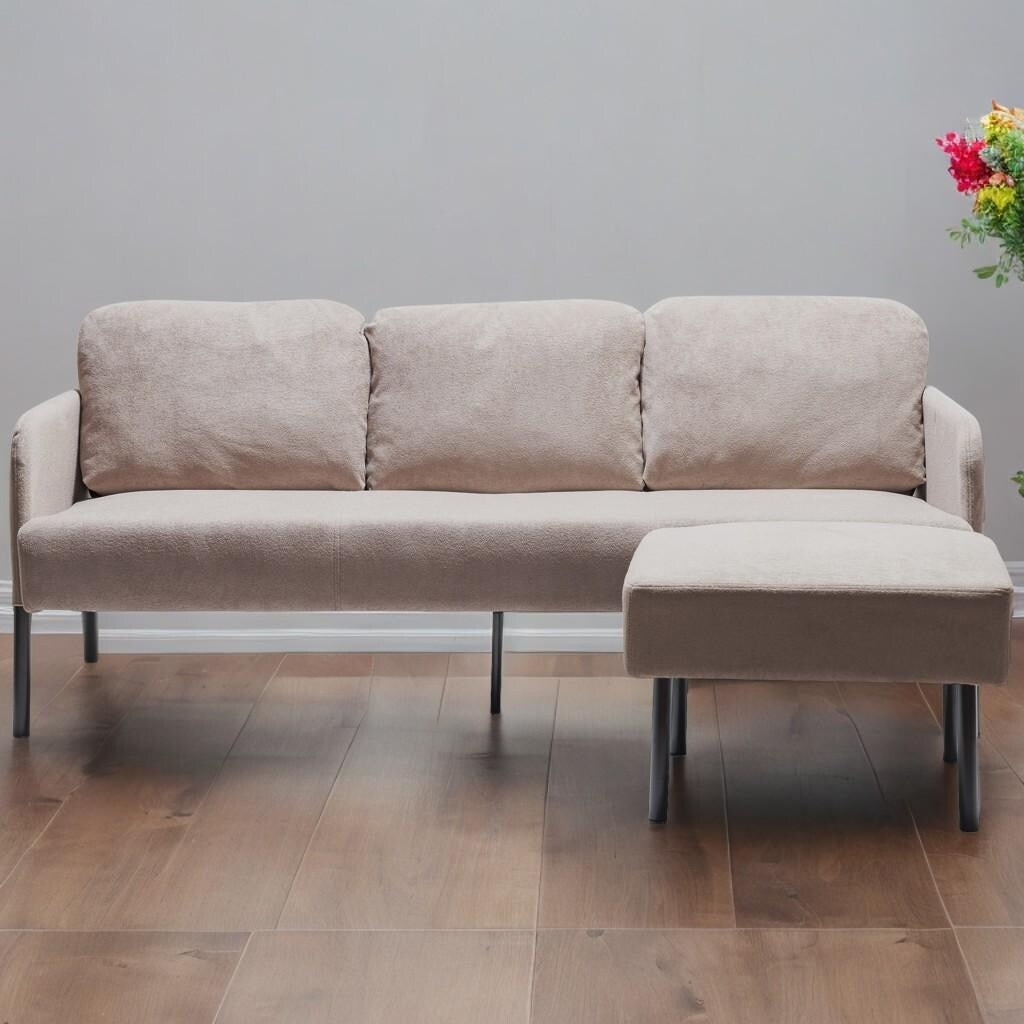 Canapé 3 places en tissu polyester en forme de L avec pouf, canapé rembourré moderne, petit canapé confortable pour petit espace