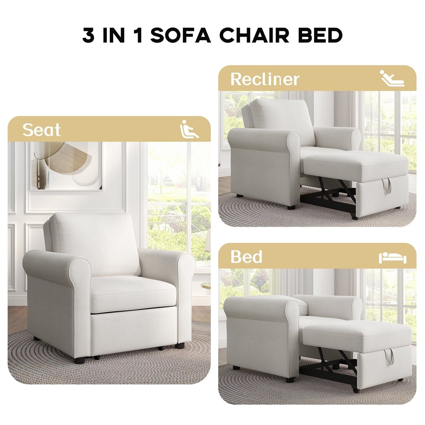 Canapé-lit 3 en 1 réglable, fauteuil gigogne, convertible et pliable pour le salon