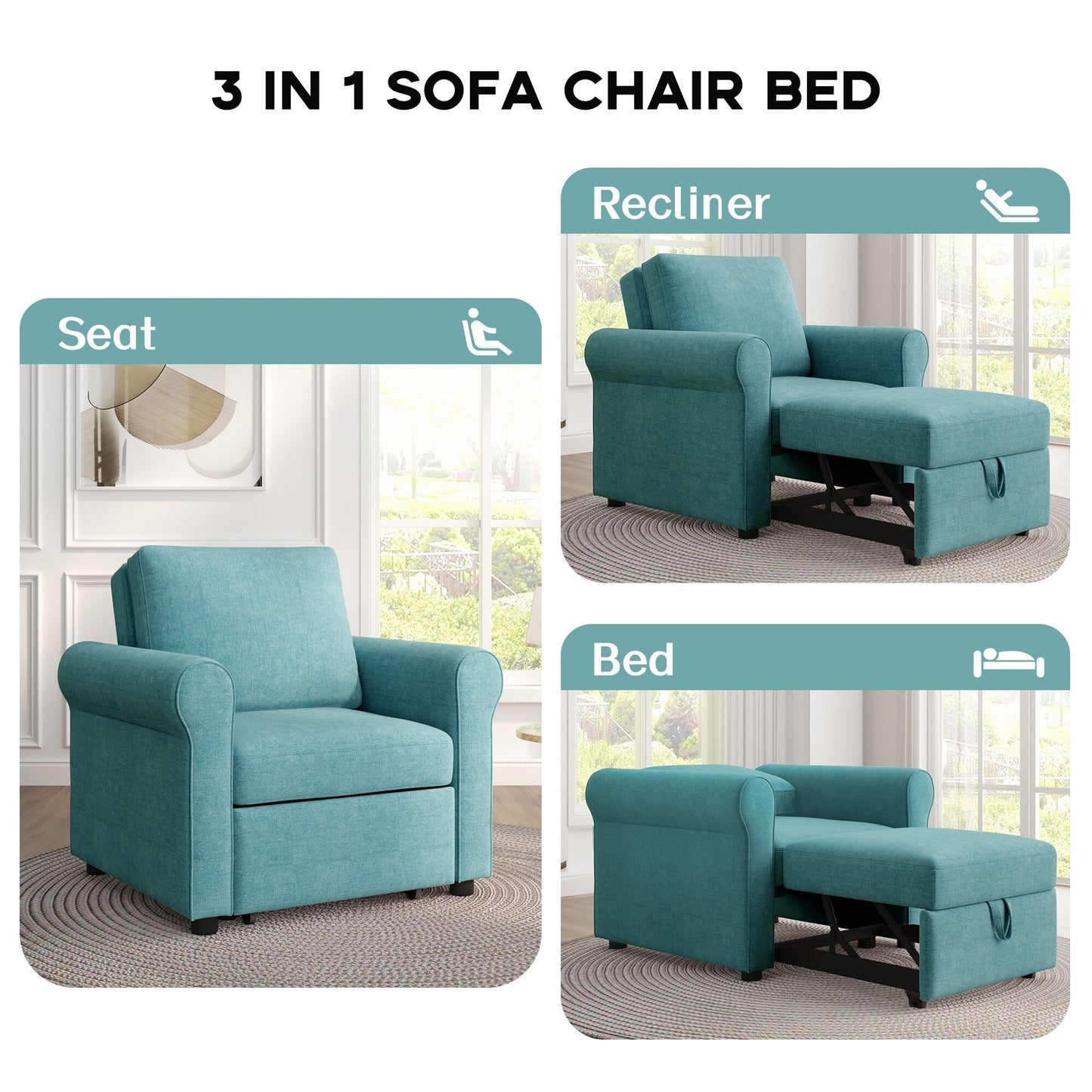 Canapé-lit 3 en 1 réglable, fauteuil gigogne, convertible et pliable pour le salon