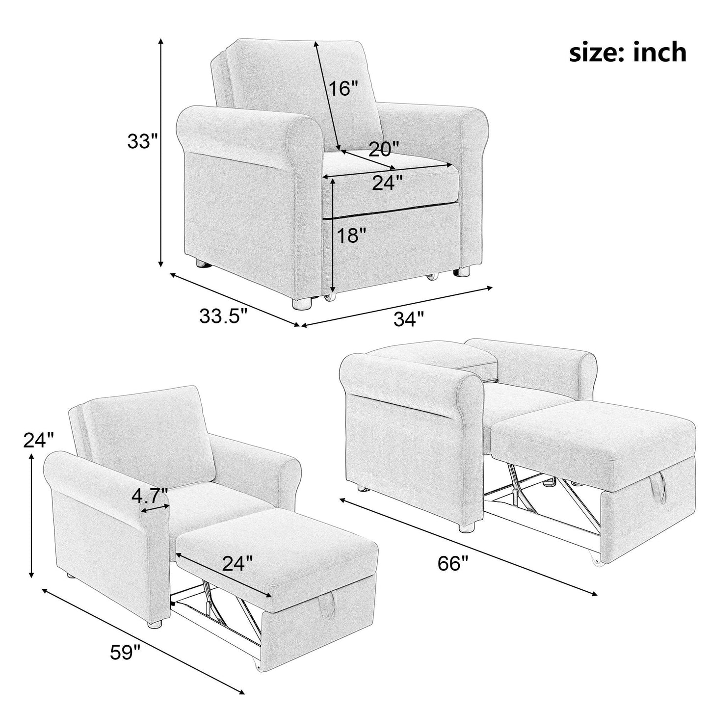 Canapé-lit 3 en 1 réglable, fauteuil gigogne, convertible et pliable pour le salon