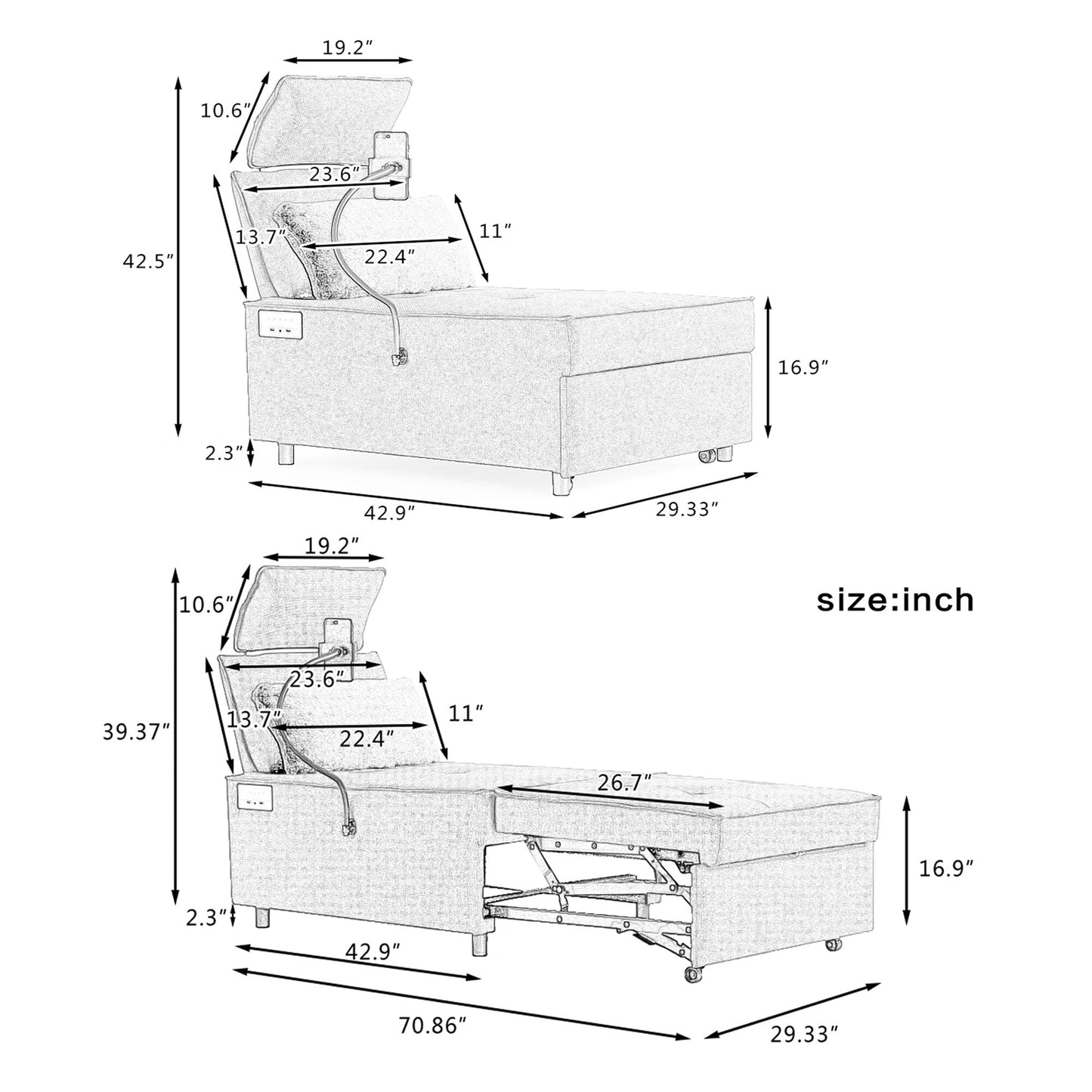 Fauteuil convertible 3 en 1, canapé inclinable réglable avec haut-parleurs Bluetooth, ports USB et oreiller moelleux