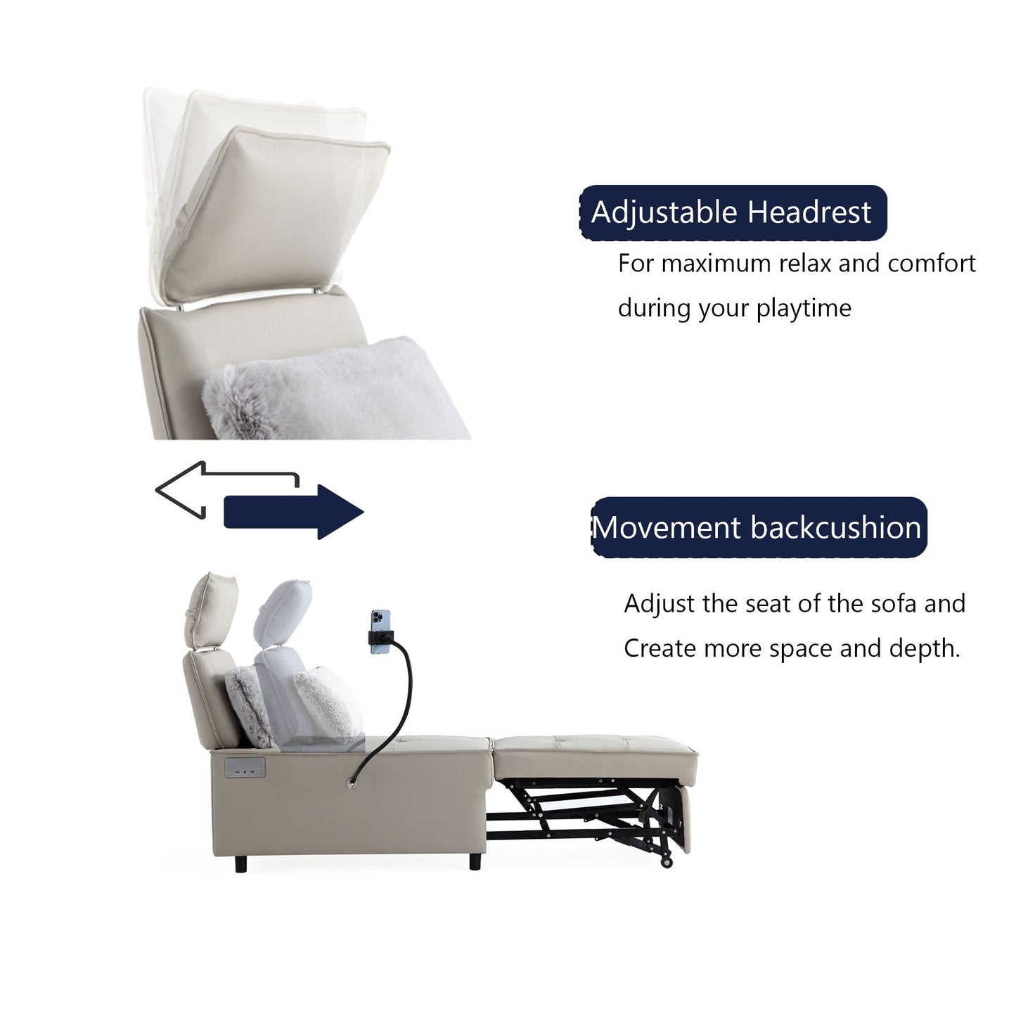 Fauteuil convertible 3 en 1, canapé inclinable réglable avec haut-parleurs Bluetooth, ports USB et oreiller moelleux